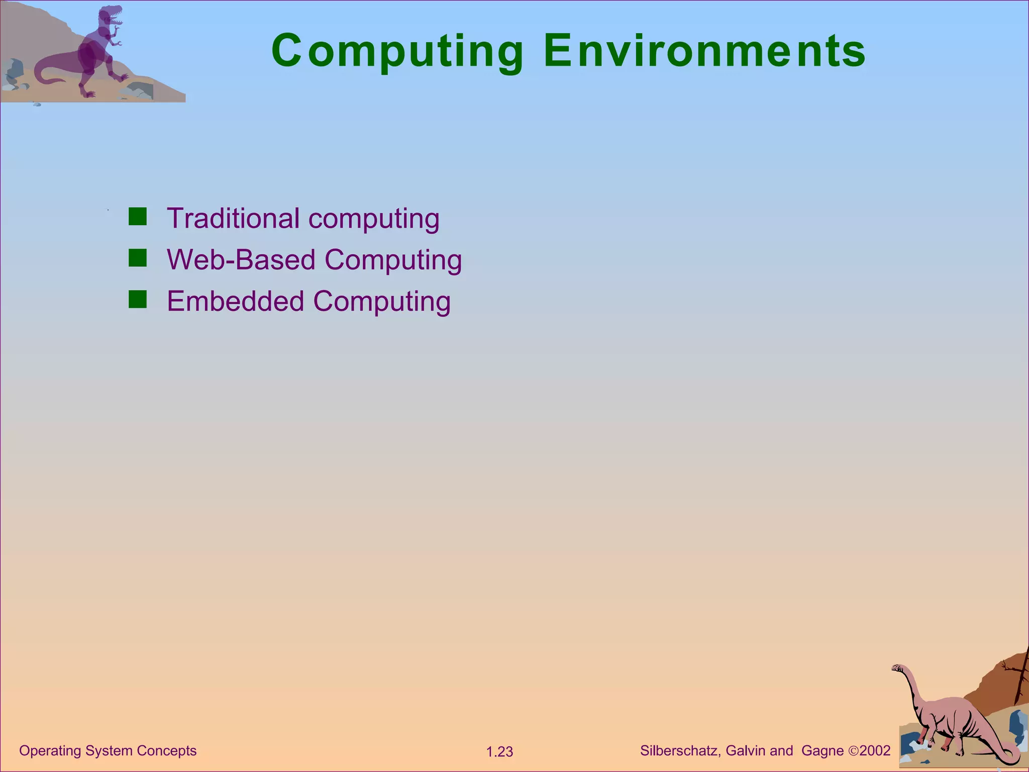 Computing Environments Traditional computing Web-Based Computing Embedded Computing 