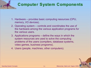 Computer System Components 1. Hardware – provides basic computing resources (CPU, memory, I/O devices). 2. Operating system – controls and coordinates the use of the hardware among the various application programs for the various users. 3. Applications programs – define the ways in which the system resources are used to solve the computing problems of the users (compilers, database systems, video games, business programs). 4. Users (people, machines, other computers).  