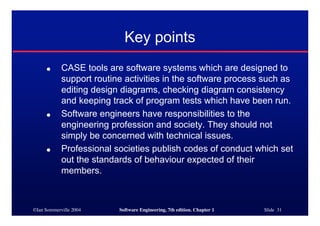 Key points
     ●      CASE tools are software systems which are designed to
            support routine activities in the software process such as
            editing design diagrams, checking diagram consistency
            and keeping track of program tests which have been run.
     ●      Software engineers have responsibilities to the
            engineering profession and society. They should not
            simply be concerned with technical issues.
     ●      Professional societies publish codes of conduct which set
            out the standards of behaviour expected of their
            members.



©Ian Sommerville 2004     Software Engineering, 7th edition. Chapter 1   Slide 31
 