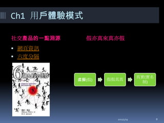 Ch1 用戶體驗模式社交產品的一點淵源假亦真來真亦假網頁資訊六度分隔2011/4/198