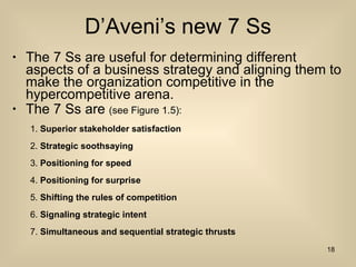 D’Aveni’s new 7 Ss The 7 Ss are useful for determining different aspects of a business strategy and aligning them to make the organization competitive in the hypercompetitive arena. The 7 Ss are  (see Figure 1.5): 1.  Superior stakeholder satisfaction 2.  Strategic soothsaying 3.  Positioning for speed 4.  Positioning for surprise 5.  Shifting the rules of competition 6.  Signaling strategic intent 7.  Simultaneous and sequential strategic thrusts 