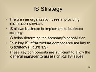 IS Strategy The plan an organization uses in providing information services. IS allows business to implement its business strategy. IS helps determine the company’s capabilities. Four key IS infrastructure components are key to IS strategy (Figure 1.9) These key components are sufficient to allow the  general manager to assess critical IS issues. 