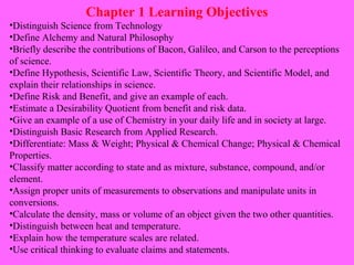 Chapter 1 Learning Objectives
•Distinguish Science from Technology
•Define Alchemy and Natural Philosophy
•Briefly describe the contributions of Bacon, Galileo, and Carson to the perceptions
of science.
•Define Hypothesis, Scientific Law, Scientific Theory, and Scientific Model, and
explain their relationships in science.
•Define Risk and Benefit, and give an example of each.
•Estimate a Desirability Quotient from benefit and risk data.
•Give an example of a use of Chemistry in your daily life and in society at large.
•Distinguish Basic Research from Applied Research.
•Differentiate: Mass & Weight; Physical & Chemical Change; Physical & Chemical
Properties.
•Classify matter according to state and as mixture, substance, compound, and/or
element.
•Assign proper units of measurements to observations and manipulate units in
conversions.
•Calculate the density, mass or volume of an object given the two other quantities.
•Distinguish between heat and temperature.
•Explain how the temperature scales are related.
•Use critical thinking to evaluate claims and statements.
 