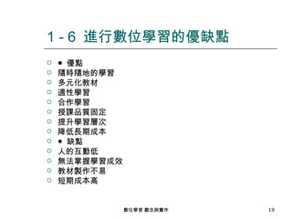 1 - 6 進行數位學習的優缺點
   ● 優點
   隨時隨地的學習
   多元化教材
   適性學習
   合作學習
   授課品質固定
   提升學習層次
   降低長期成本
   ● 缺點
   人的互動低
   無法掌握學習成效
   教材製作不易
   短期成本高


               數位學習 觀念與實作   19
 
