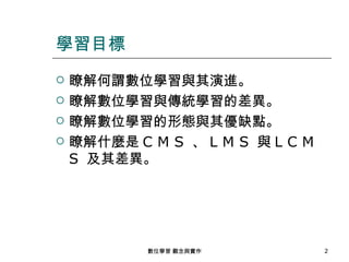 學習目標
   瞭解何謂數位學習與其演進。
   瞭解數位學習與傳統學習的差異。
   瞭解數位學習的形態與其優缺點。
   瞭解什麼是 C M S 、 L M S 與 L C M
    S 及其差異。




            數位學習 觀念與實作            2
 