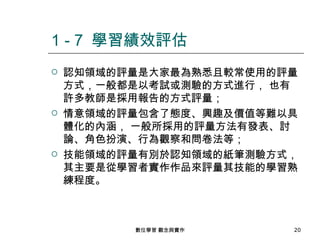 1 - 7 學習績效評估
   認知領域的評量是大家最為熟悉且較常使用的評量
    方式，一般都是以考試或測驗的方式進行， 也有
    許多教師是採用報告的方式評量；
   情意領域的評量包含了態度、興趣及價值等難以具
    體化的內涵， 一般所採用的評量方法有發表、討
    論、角色扮演、行為觀察和問卷法等；
   技能領域的評量有別於認知領域的紙筆測驗方式，
    其主要是從學習者實作作品來評量其技能的學習熟
    練程度。



          數位學習 觀念與實作     20
 