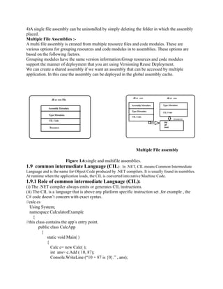4)A single file assembly can be uninstalled by simply deleting the folder in which the assembly
placed.
Multiple File Assemblies :-
A multi file assembly is created from multiple resource files and code modules. These are
various options for grouping resources and code modules in to assemblies. These options are
based on the following factors.
Grouping modules have the same version information.Group resources and code modules
support the manner of deployment that you are using Versioning Reuse Deployment.
We can create a shared assembly if we want an assembly that can be accessed by multiple
application. In this case the assembly can be deployed in the global assembly cache.




Figure1.7: Single File Assembly                            Figure 1.8: Multiple File Assemblies


Multi – File:
 These are composed of many binaries each of

       Single File assembly                                       Multiple File assembly

                       Figure 1.6:single and multifile assemblies.
1.9 common intermediate Language (CIL):                    In .NET, CIL means Common Intermediate
Language and is the name for Object Code produced by .NET compilers. It is usually found in ssemblies.
At runtime when the application loads, the CIL is converted into native Machine Code.
1.9.1 Role of common intermediate Language (CIL):
(i) The .NET compiler always emits or generates CIL instructions.
(ii) The CIL is a language that is above any platform specific instruction set ,for example , the
C# code doesn’t concern with exact syntax.
//calc.cs
   Using System;
   namespace CalculatorExample
     {
//this class contains the app’s entry point.
        public class CalcApp
          {
              static void Main( )
              {
                Calc c= new Calc( );
                int ans= c.Add ( 10, 87);
                Console.WriteLine (“10 + 87 is {0}.” , ans);
 