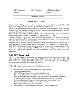 .NET Enterprise             .NET Framework             .NET Building Block
       service                                                Service

                                    Operating System


                            Figure1.1:MS .NET Platform

Visual studio .NET application work by using service of the .NET framework. The .NET
framework ,in turn access the operating system and computer hardware.
On top of the operating system is a collection of specialized server product that shorten the time
required large scale business systems. these server product include application center ,internet
security and acceleration server and SQL server.
Microsoft provide number of building block services(officially called .NET services) that
application developer can used for example .NET passport and .NET Alert.
.Net passport allows you to use a single username and password at all website that support
passport authentication..NET alert providers, such as a business, to alert their consumers with
important or to up-to-the minute information.
Enterprise service includes some new features for .NET components that are not available to
COM component .its support allow you to export a plain .NET object as .NET remote object.
Plain .NET object we means class that do not inherit from a specific infrastructure base class
such as service component.Top layer of .NET architecture is a development tool called Visual
Studio .NET which makes possible the rapid developments of the Web services and other
application

1.4.2 .NET Framework
The .NET Framework is an environment for building, deploying, and running Web Services and
other applications. The key components of the .NET Framework are the CLR and the .NET
Framework class library. The .NET Framework is a managed, type safe, multi-language
environment for application development and execution.

With .NET, you can develop various types of applications as follows:

   •   Windows Form based applications (Rich client applications).
   •   Console based applications.
   •   ASP.NET Web applications (Browser based applications).
   •   Web services (Programmable application component that provides some useful
       functionality, such as application logic, and is available to any number of potentially
       incongruent systems through the use of Internet standards such as XML and HTTP).
   •   Component Libraries (Components which encapsulate some business logic).
   •   Windows Custom Controls (Your own windows controls).
   •   Web Custom Controls (Your own web controls).
   •   Windows Services (Applications that run as services in the background).
 