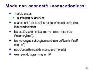 64
Mode non connecté (connectionless)
 1 seule phase:
 le transfert de données
 chaque unité de transfert de données est acheminée
indépendamment
 les entités communicantes ne mémorisent rien
("memoryless").
 les messages échangées sont auto-suffisants ("self-
content")
 pas d’acquittement de messages (no ack)
 exemple: datagrammes en IP
 