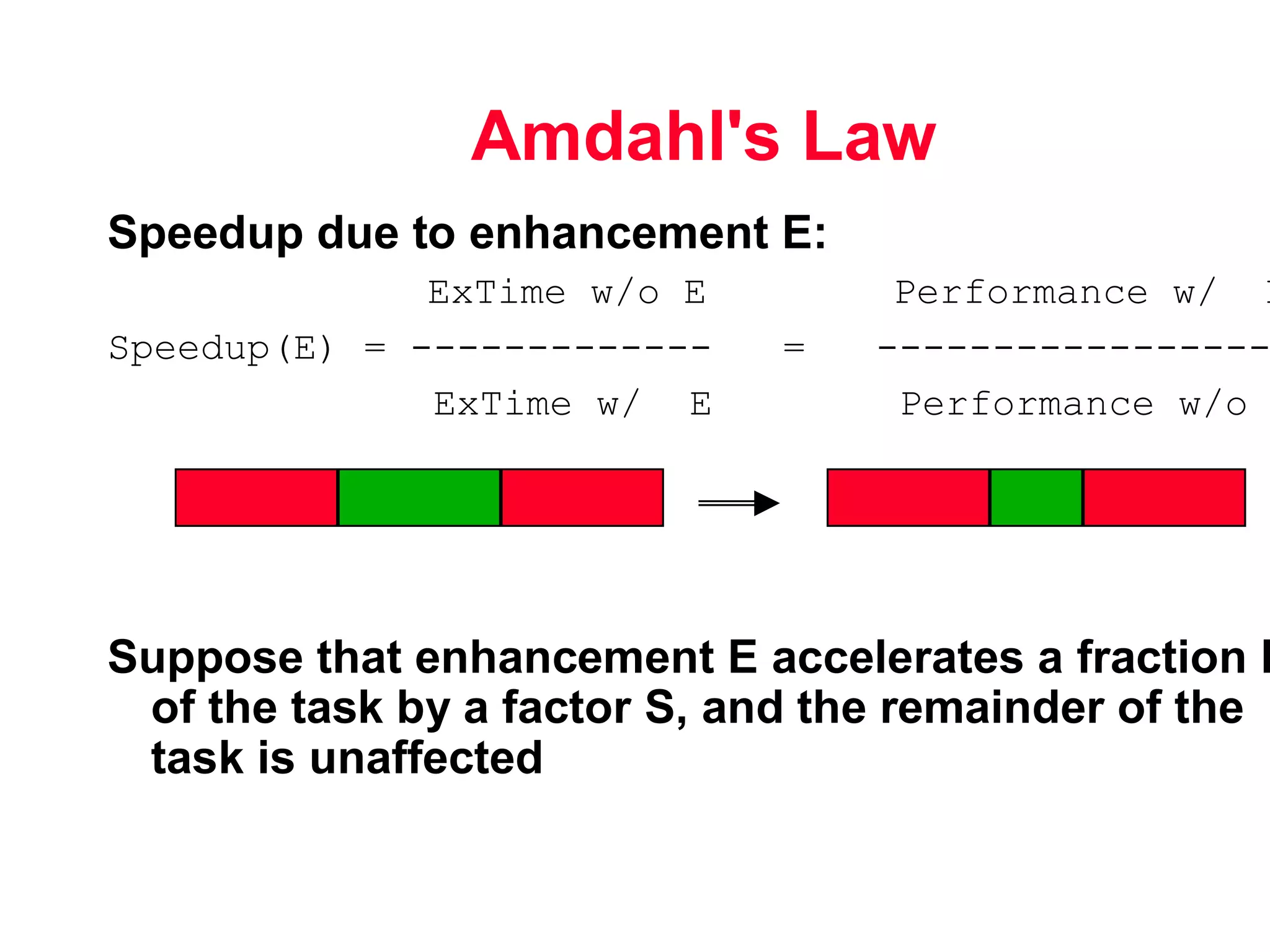 33
Amdahl's Law
Speedup due to enhancement E:
ExTime w/o E Performance w/ E
Speedup(E) = ------------- = -----------------
ExTime w/ E Performance w/o
Suppose that enhancement E accelerates a fraction F
of the task by a factor S, and the remainder of the
task is unaffected
 