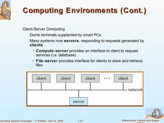 Computing Environments (Cont.) 
 Dumb terminals supplanted by smart PCs 
 Many systems now servers, responding to requests generated by 
clients 
 Compute-server provides an interface to client to request 
 File-server provides interface for clients to store and retrieve 
files 
1.37 Silberschatz, Galvin and Gagne 
©2005 
 Client-Server Computing 
services (i.e. database) 
Operating System Concepts – 7th Edition, Jan 12, 2005 
 