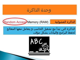 ووححددةة االلذذااككررةة 
RRaannddoomm AAcccceessss MMeemmoorryy ((RRAAMM)) االلذذااككررةة االلععششوواائئييةة 
الذاكرة التي تبدأ مع تشغيل الحاسب و يتعامل معها المعالج 
لحفظ البرامج والبيانات بشكل مؤقت 
 