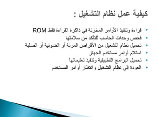 ROM قراءة وتنفيذ الوامر المخزنة في ذاكرة القراءة فقط  
فحص وحدات الحاسب للتأكد من سلمتها  
تحميل نظام التشغيل من القراص المرنة أو الضوئية أو الصلبة  
استلم أوامر مستخدم الجهاز  
تحميل البرامج التطبيقية وتنفيذ تعليماتها  
العودة إلى نظام التشغيل وانتظار أوامر المستخدم  
 