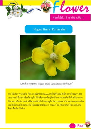 Page1
Flowerดอกไม้ประจำ�ชาติอาเซียน
Negara Brunei Darussalam
ดอกไม้ประจำ�ชาติบรูไน ก็คือ ดอกซิมปอร์ (Simpor) หรือที่รู้จักกันในชื่อ ดอกส้านชะวา (Dil-
lenia) ดอกไม้ประจำ�ท้องถิ่นบรูไน ที่มีกลีบขนาดใหญ่สีเหลือง หากบานเต็มที่แล้วกลีบดอกจะ
มีลักษณะคล้ายร่ม พบเห็นได้ตามแม่น้ำ�ทั่วไปของบรูไน มีสรรพคุณช่วยรักษาบาดแผล หากใคร
แวะไปเยือนบรูไน จะพบเห็นได้จากธนบัตรใบละ 1 ดอลลาร์ ของประเทศบรูไน และในงาน
ศิลปะพื้นเมืองอีกด้วย
1. บรูไนดารุสซาลาม (Negara Brunei Darussalam) : ดอกซิมปอร์
 
