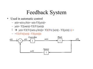 Feedback System
• Used in automatic control
– e(t)=x(t)-y3(t)= x(t)-T3[y(t)]=
– y(t)= T2[m(t)]=T2(T1[e(t)])
  y(t)=T2(T1[x(t)-y3(t)])= T2(T1( [x(t)] - T3[y(t)] ) ) =
– =T2(T1([x(t)] –T3[y(t)]))
 