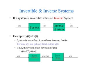 Invertible & Inverse Systems
• If a system is invertible it has an Inverse System
• Example: y(t)=2x(t)
– System is invertible must have inverse, that is:
– For any x(t) we get a distinct output y(t)
– Thus, the system must have an Inverse
• x(t)=1/2 y(t)=z(t)
y(t)
System
Inverse
System
x(t) x(t)
y(t)=2x(t)System
(multiplier)
Inverse
System
(divider)
x(t) x(t)
 