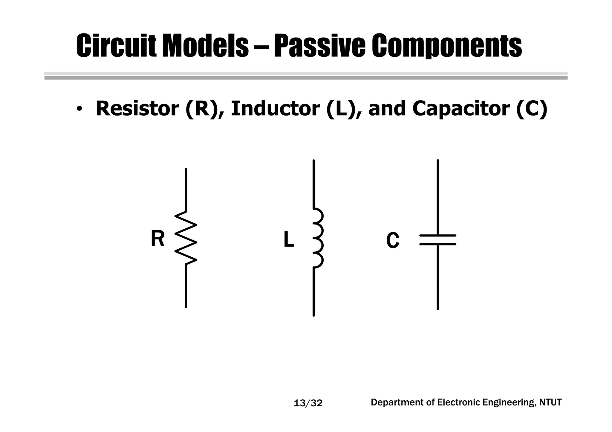 Circuit Models – Passive Components
• Resistor (R), Inductor (L), and Capacitor (C)
RRRR LLLL CCCC
Department of Electronic Engineering, NTUT13/32
 