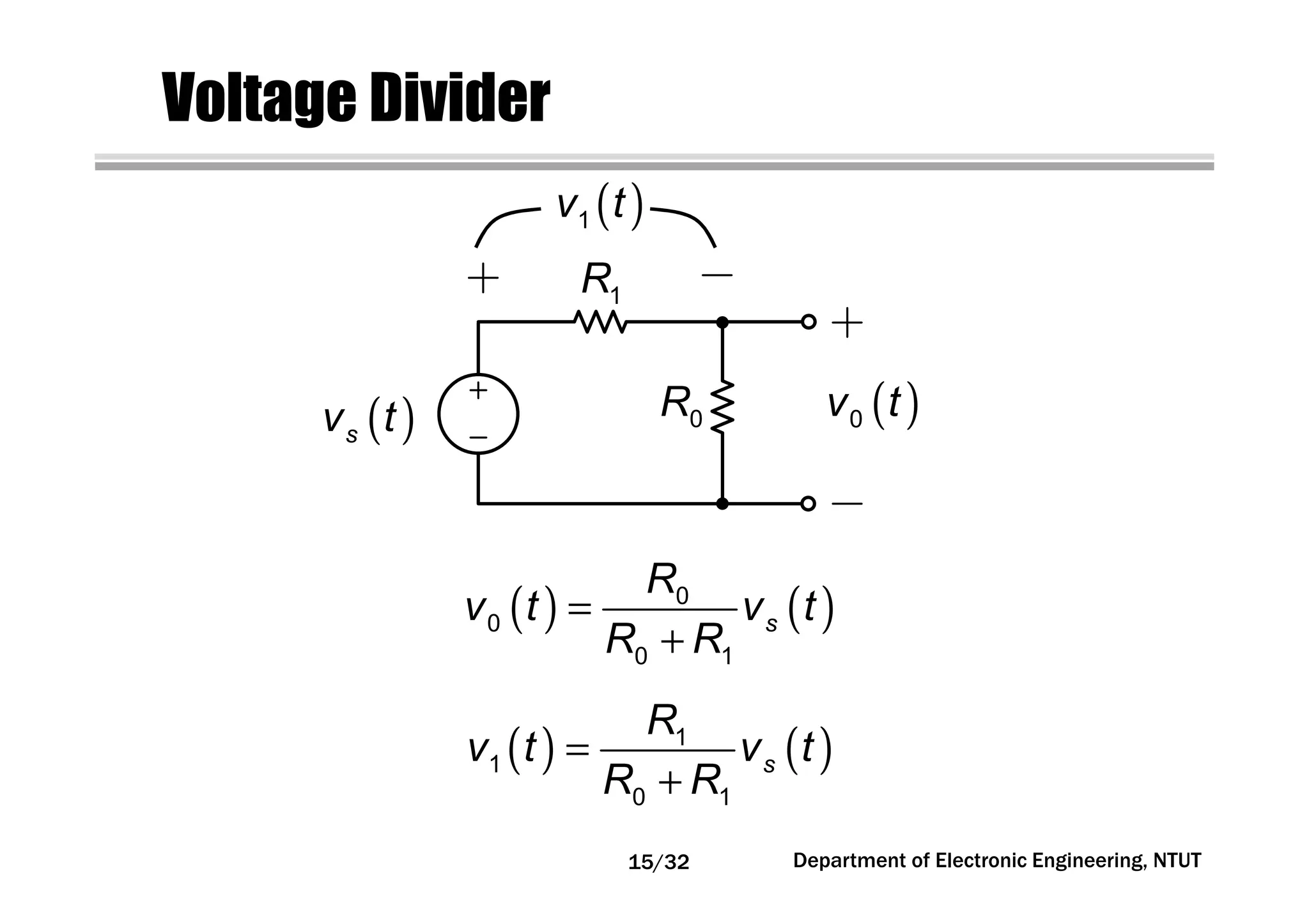 Voltage Divider
Department of Electronic Engineering, NTUT
( ) ( )=
+
0
0
0 1
s
R
v t v t
R R
0R
1R
( )sv t ( )0v t
( )1v t
( ) ( )=
+
1
1
0 1
s
R
v t v t
R R
15/32
 