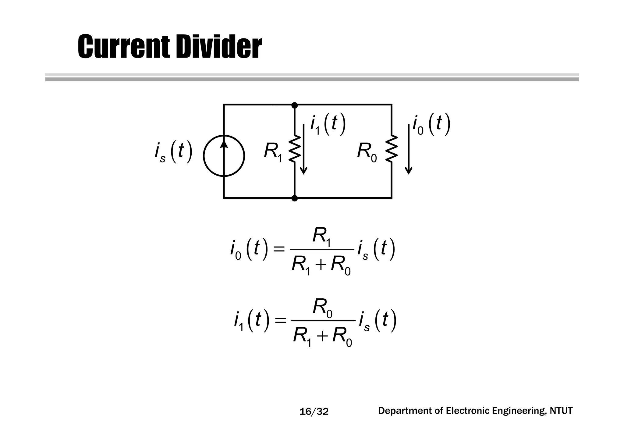 Current Divider
Department of Electronic Engineering, NTUT
( ) ( )=
+
1
0
1 0
s
R
i t i t
R R
0R1R( )si t
( )0i t( )1i t
( ) ( )=
+
0
1
1 0
s
R
i t i t
R R
16/32
 