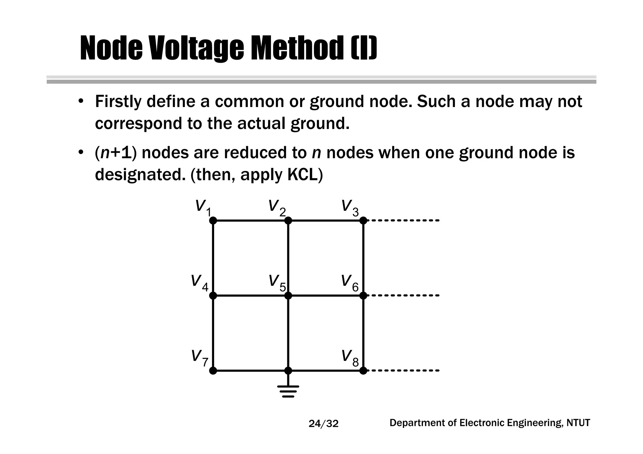 Node Voltage Method (I)
1v 2v 3v
4v 5v 6v
7v 8v
Department of Electronic Engineering, NTUT
• Firstly define a common or ground node. Such a node may not
correspond to the actual ground.
• (n+1) nodes are reduced to n nodes when one ground node is
designated. (then, apply KCL)
24/32
 
