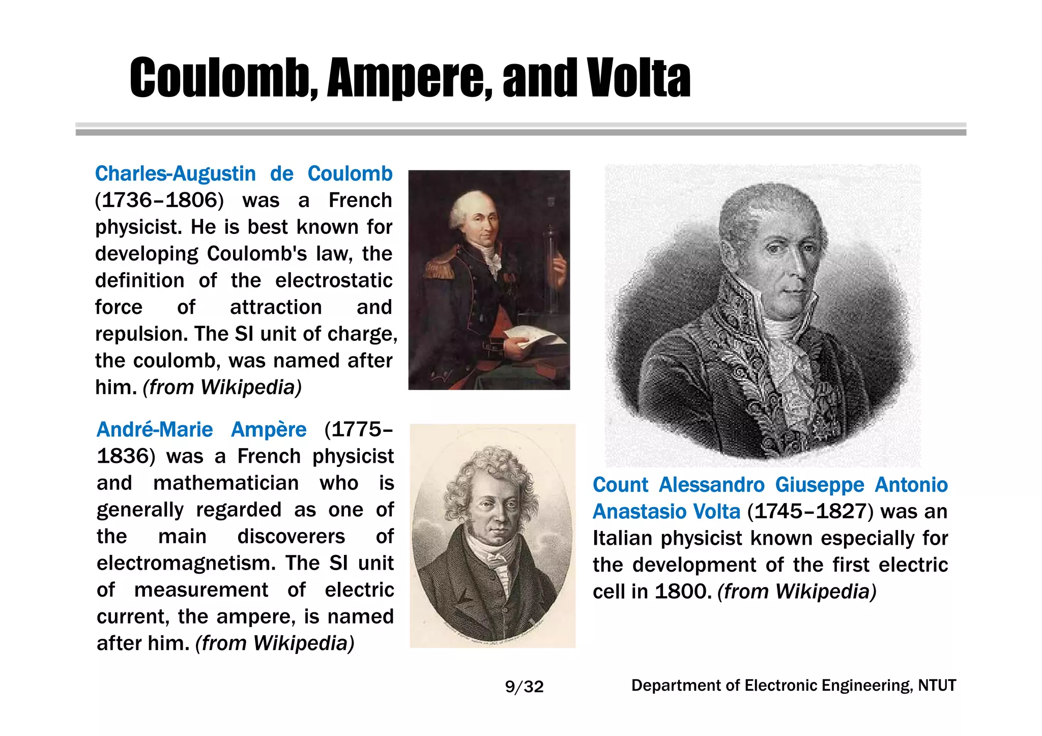 Coulomb, Ampere, and Volta
CharlesCharlesCharlesCharles----AugustinAugustinAugustinAugustin dededede CoulombCoulombCoulombCoulomb
(1736–1806) was a French
physicist. He is best known for
developing Coulomb's law, the
definition of the electrostatic
force of attraction and
repulsion. The SI unit of charge,
the coulomb, was named after
him. (from Wikipedia)
AndréAndréAndréAndré----MarieMarieMarieMarie AmpèreAmpèreAmpèreAmpère (1775–
1836) was a French physicist
and mathematician who is
generally regarded as one of
the main discoverers of
electromagnetism. The SI unit
of measurement of electric
current, the ampere, is named
after him. (from Wikipedia)
CountCountCountCount AlessandroAlessandroAlessandroAlessandro GiuseppeGiuseppeGiuseppeGiuseppe AntonioAntonioAntonioAntonio
AnastasioAnastasioAnastasioAnastasio VoltaVoltaVoltaVolta (1745–1827) was an
Italian physicist known especially for
the development of the first electric
cell in 1800. (from Wikipedia)
Department of Electronic Engineering, NTUT9/32
 