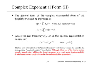Complex Exponential Form (II)
1 1jk t jk t
k kX e X eω ω−
−+ ( )where kkX X− =
( ) 1jn t
n
n
x t X e ω
∞
=−∞
= ∑
( ) 1
0
1 T
jn t
nX x t e dt
T
ω−
= ∫
• The general form of the complex exponential form of the
Fourier series can be expressed as
where Xn is a complex value
• At a given real frequency kf1, (k>0), that spectral representation
consists of
The first term is thought of as the “positive frequency” contribution, whereas the second is the
corresponding “negative frequency” contribution. Although either one of the two terms is a
complex quantity, they add together in such a manner as to create a real function, and this
is why both terms are required to make the mathematical form complete.
Department of Electronic Engineering, NTUT32/40
 