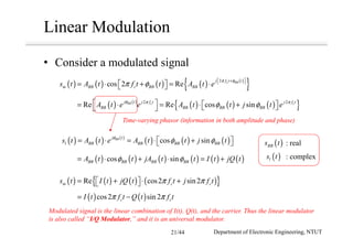 Linear Modulation
• Consider a modulated signal
( ) ( ) ( ) ( ) ( )
{ }2
cos 2 Re c BBj f t t
m BB c BB BBs t A t f t t A t e
π φ
π φ
+  
= ⋅ + = ⋅  
( ) ( )
( ) ( ) ( ){ }2 2
Re Re cos sinBB c cj t j f t j f t
BB BB BB BBA t e e A t t j t e
φ π π
φ φ = ⋅ = ⋅ +   
( ) ( ) ( )
( ) ( ) ( )cos sinBBj t
l BB BB BB BBs t A t e A t t j tφ
φ φ= ⋅ = ⋅ +  
( ) ( ) ( ) ( ) ( ) ( )cos sinBB BB BB BBA t t jA t t I t jQ tφ φ= ⋅ + ⋅ = +
( ) ( ) ( ) ( ){ }Re cos2 sin2m c cs t I t jQ t f t j f tπ π= + ⋅ +  
( ) ( )cos2 sin 2c cI t f t Q t f tπ π= −
Time-varying phasor (information in both amplitude and phase)
( )BBs t : real
( )ls t : complex
Modulated signal is the linear combination of I(t), Q(t), and the carrier. Thus the linear modulator
is also called “I/Q Modulator,” and it is an universal modulator.
Department of Electronic Engineering, NTUT21/44
 