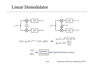 Linear Demodulator
( )I t
cos ctω
sin ctω−
( )Q t
( )ms t
LPF
LPF
( )I t
( )Q t
( )ms t
LPF
LPF
90
cos ctω
( ) ( ) ( )
( ) ( )BBj t
l BBs t A t e I t jQ t
φ
= ⋅ = +
( ) ( ) ( )2 2
BBA t I t Q t= +
( )
( )
( )
1
tanBB
Q t
t
I t
φ −
=
Baseband
Processing
Original Information (or data)
( )I t
( )Q t
Department of Electronic Engineering, NTUT26/44
 