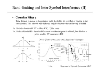 Band-limiting and Inter Symbol Interference (II)
• Gaussian Filter :
Time domain response is Gaussian as well, it exhibits no overshot or ringing in the
time domain. This smooth well-behaved impulse response results in very little ISI
Reduce bandwidth : Smaller BT causes even faster spectral roll-off , but this has a
price, smaller BT cause more ISI.
Relative bandwidth BT = (filter BW) / (Bite rate)
Power spectra of MSK and GMSK Signals for varying BT
BT=0.2
BT=0.25
BT=0.3
Impulse response
MSK : BT is infinite
(no filter)
Department of Electronic Engineering, NTUT35/44
 