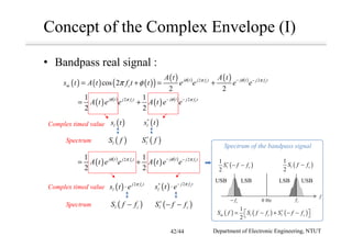 Concept of the Complex Envelope (I)
• Bandpass real signal :
( ) ( ) ( )( )
( ) ( ) ( ) ( )2 2
cos 2
2 2
c cj t j tj f t j f t
m c
A t A t
s t A t f t t e e e e
φ φπ π
π φ − −
= + = +
( ) ( )
( ) ( )2 21 1
2 2
c cj t j tj f t j f t
A t e e A t e eφ φπ π− −
= +
( )ls t ( )ls t∗
( )lS f∗
( )lS f
Complex timed value
Spectrum
( ) ( )
( ) ( )2 21 1
2 2
c cj t j tj f t j f t
A t e e A t e eφ φπ π− −
= +
( ) 2 cj f t
ls t e π
⋅ ( ) 2 cj f t
ls t e π−∗
⋅
( )l cS f f−
Complex timed value
Spectrum
( ) ( ) ( )
1
2
m l c l cS f S f f S f f∗
 = − + − − 
f
cf0 Hzcf−
USBLSBLSBUSB
( )
1
2
l cS f f−( )
1
2
l cS f f∗
− −
Spectrum of the bandpass signal
Department of Electronic Engineering, NTUT42/44
( )l cS f f∗
− −
 