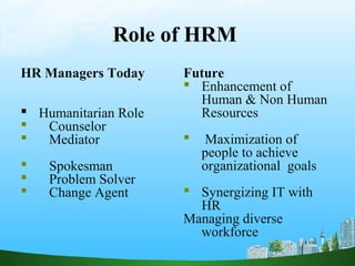 Role of HRM
HR Managers Today
 Humanitarian Role
 Counselor
 Mediator
 Spokesman
 Problem Solver
 Change Agent
Future
 Enhancement of
Human & Non Human
Resources
 Maximization of
people to achieve
organizational goals
 Synergizing IT with
HR
Managing diverse
workforce
 
