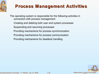 1.30 Silberschatz, Galvin and GagneOperating System Concepts – 7th
Edition, Jan 12, 2005
Process Management ActivitiesProcess Management Activities
The operating system is responsible for the following activities in
connection with process management:
Creating and deleting both user and system processes
Suspending and resuming processes
Providing mechanisms for process synchronization
Providing mechanisms for process communication
Providing mechanisms for deadlock handling
 