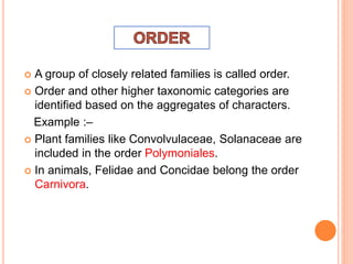  A group of closely related families is called order.
 Order and other higher taxonomic categories are
identified based on the aggregates of characters.
Example :–
 Plant families like Convolvulaceae, Solanaceae are
included in the order Polymoniales.
 In animals, Felidae and Concidae belong the order
Carnivora.
 