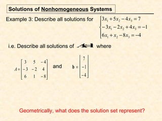 Example 3: Describe all solutions for





−=−+
−=+−−
=−+
486
1423
7453
321
321
321
xxx
xxx
xxx
Solutions of Nonhomogeneous Systems
i.e. Describe all solutions of whereAx=b










−
−−
−
=
816
423
453
A
and b =
7
−1
−4










Geometrically, what does the solution set represent?
 