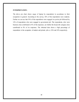 34
INTERPRETATION:
The above pie chart shows usage of laptop by respondents in accordance to their
occupation in general. According to the survey, 36% of the respondents were students.
Further we can see that 34% of the respondents were engaged in a privte job followed by
14% of respondents who were engaged in government job. The respondents, who were
business class contributed to 8% of the responses, are further the housewife catagory class
contributed to 8% of its responses. The obtained data shows a high percentage of
respondents in the occupation of student and privatte jobs i.e 36% and 34% respectively.
 