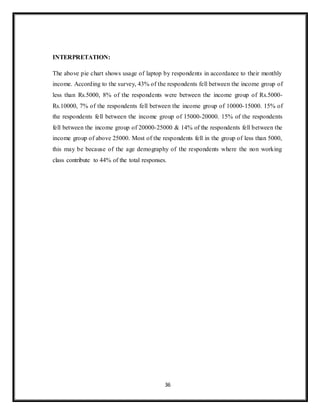 36
INTERPRETATION:
The above pie chart shows usage of laptop by respondents in accordance to their monthly
income. According to the survey, 43% of the respondents fell between the income group of
less than Rs.5000, 8% of the respondents were between the income group of Rs.5000-
Rs.10000, 7% of the respondents fell between the income group of 10000-15000. 15% of
the respondents fell between the income group of 15000-20000. 15% of the respondents
fell between the income group of 20000-25000 & 14% of the respondents fell between the
income group of above 25000. Most of the respondents fell in the group of less than 5000,
this may be because of the age demography of the respondents where the non working
class contribute to 44% of the total responses.
 