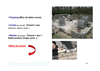 12
 Parpaing (Bloc de béton creux)
 Coulis (de ciment) : Ciment + eau
(bentonite, sable fin, cendre ..)
 Mortier (de ciment) : Ciment + eau +
Sable (enduit, Chape, joint ..)
Béton de ciment
M. SADEK
 