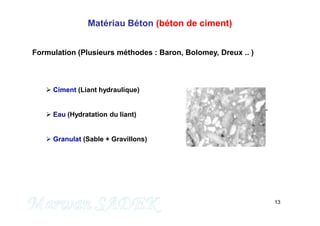 13
Matériau Béton (béton de ciment)
Formulation (Plusieurs méthodes : Baron, Bolomey, Dreux .. )
 Ciment (Liant hydraulique)
 Eau (Hydratation du liant)
 Granulat (Sable + Gravillons)
M. SADEK
 