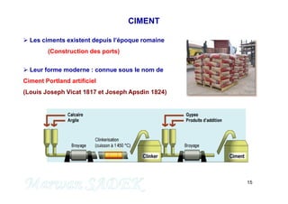 15
 Les ciments existent depuis l’époque romaine
(Construction des ports)
 Leur forme moderne : connue sous le nom de
Ciment Portland artificiel
(Louis Joseph Vicat 1817 et Joseph Apsdin 1824)
CIMENT
M. SADEK
 