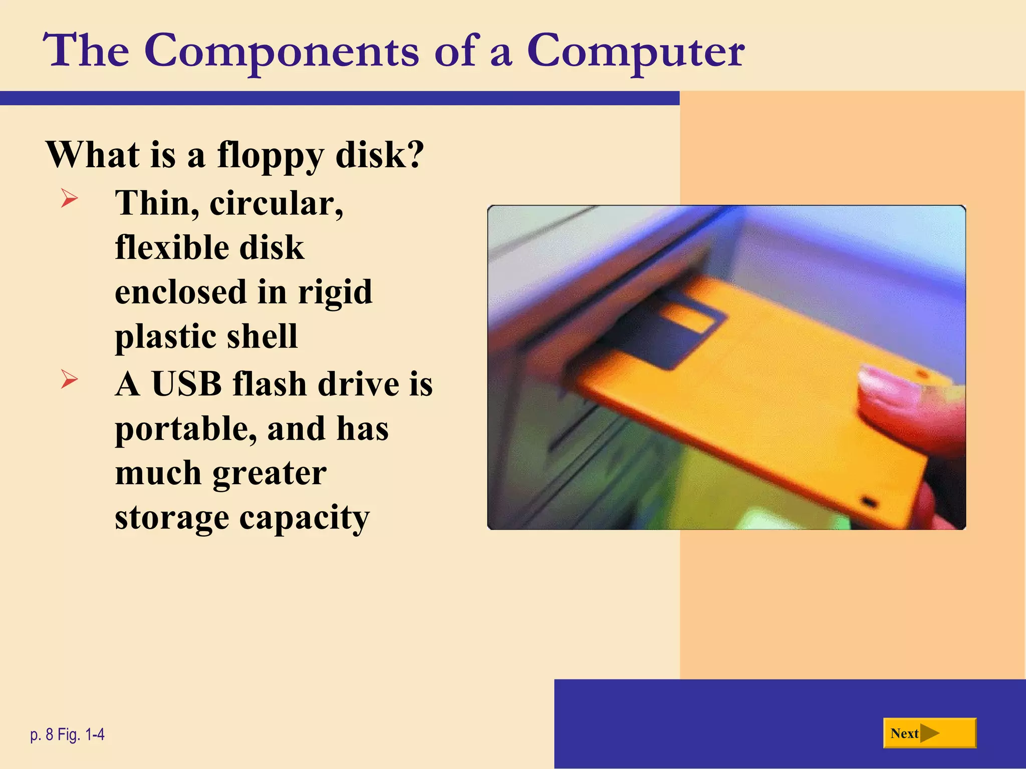 The Components of a Computer
What is a floppy disk?
p. 8 Fig. 1-4 Next
 Thin, circular,
flexible disk
enclosed in rigid
plastic shell
 A USB flash drive is
portable, and has
much greater
storage capacity
 