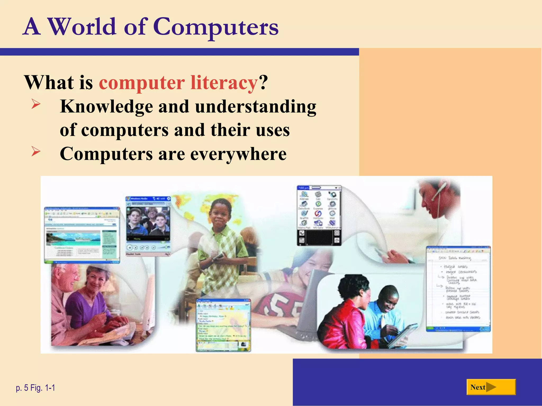 A World of Computers
What is computer literacy?
p. 5 Fig. 1-1 Next
 Knowledge and understanding
of computers and their uses
 Computers are everywhere
 