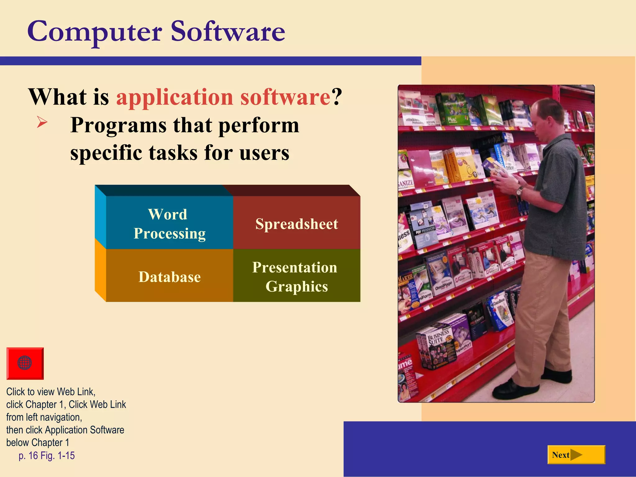 Computer Software
What is application software?
p. 16 Fig. 1-15 Next
Presentation
Graphics
Spreadsheet
Database
Word
Processing
 Programs that perform
specific tasks for users
Click to view Web Link,
click Chapter 1, Click Web Link
from left navigation,
then click Application Software
below Chapter 1
 