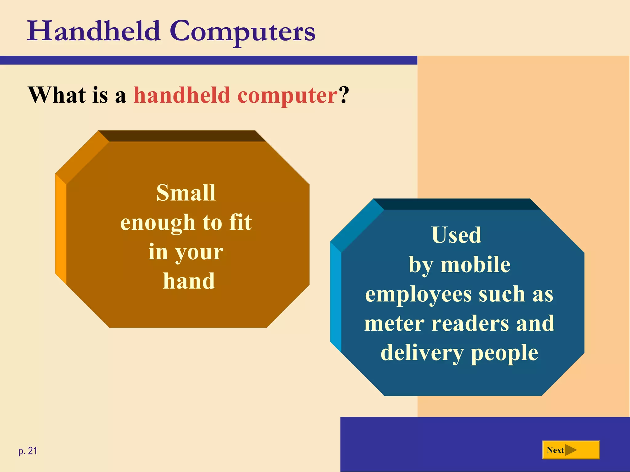 Handheld Computers
What is a handheld computer?
p. 21 Next
Used
by mobile
employees such as
meter readers and
delivery people
Small
enough to fit
in your
hand
 