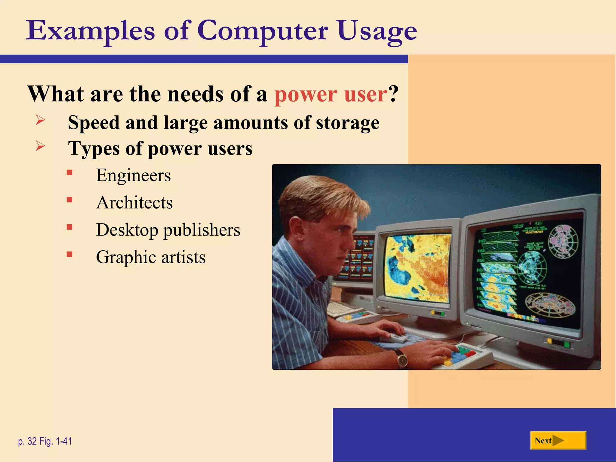 Examples of Computer Usage
What are the needs of a power user?
p. 32 Fig. 1-41 Next
 Speed and large amounts of storage
 Types of power users
 Engineers
 Architects
 Desktop publishers
 Graphic artists
 