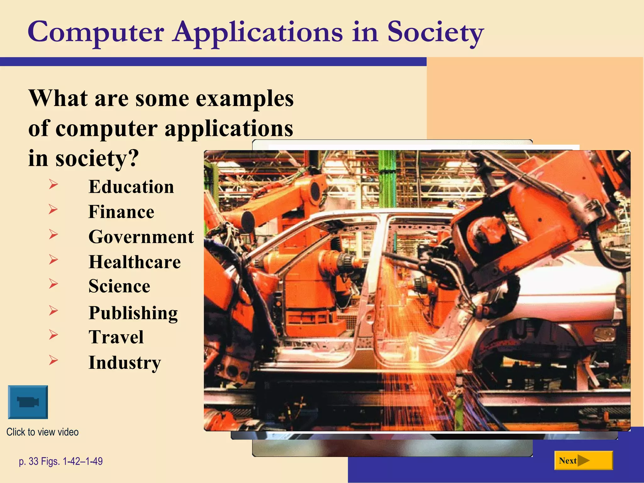 Computer Applications in Society
What are some examples
of computer applications
in society?
p. 33 Figs. 1-42–1-49 Next
 Education
 Finance
 Government
 Healthcare
 Science
 Publishing
 Travel
 Industry
Click to view video
 