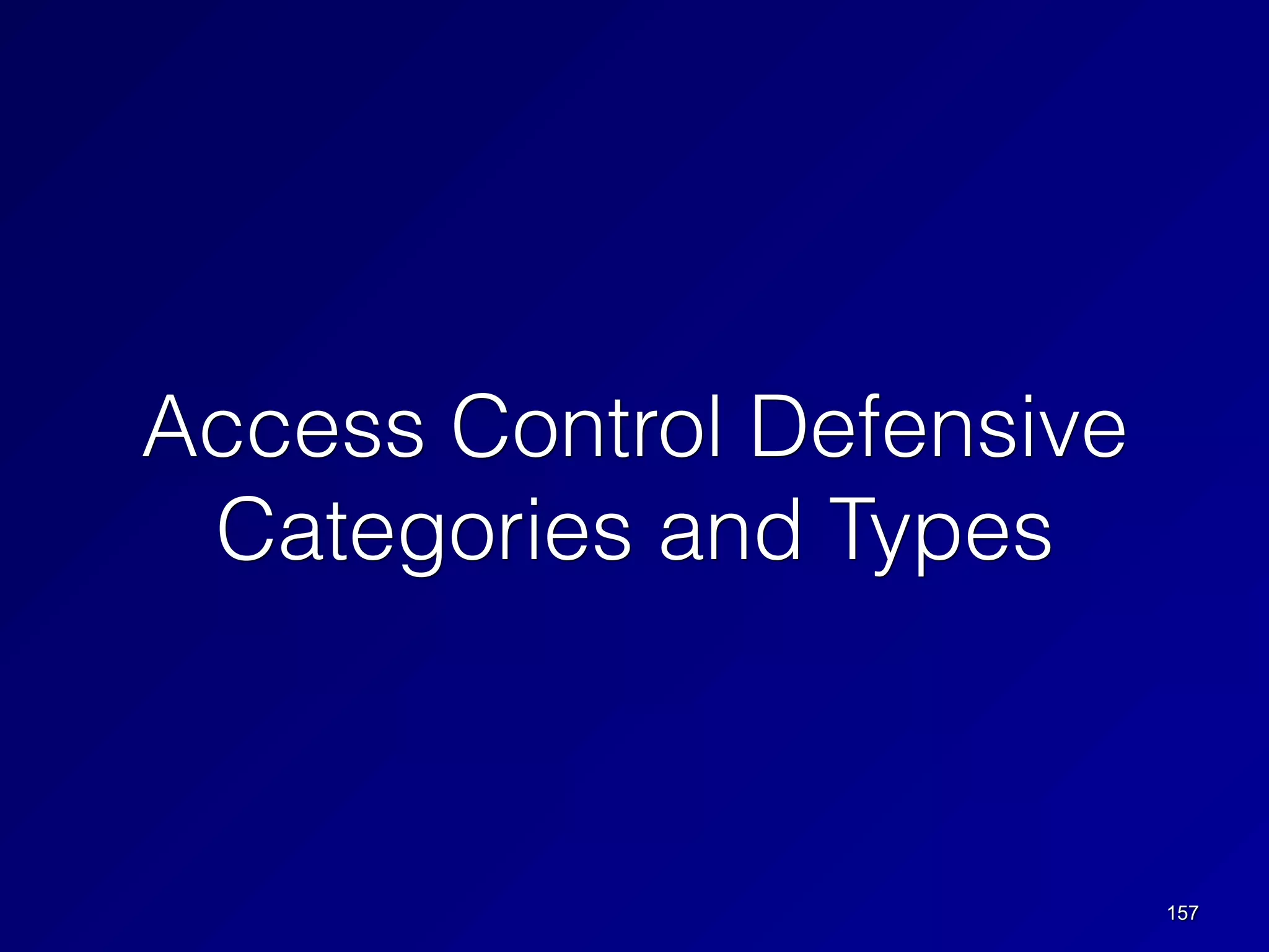 157
Access Control Defensive
Categories and Types
 