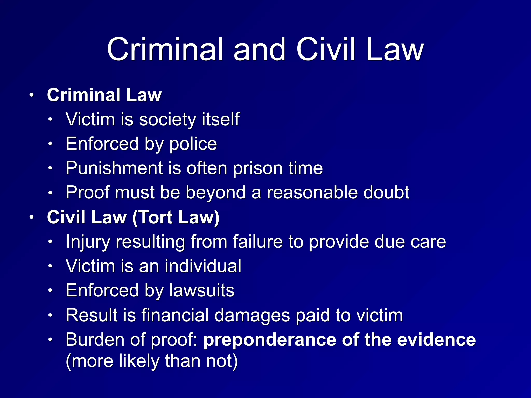 Criminal and Civil Law
• Criminal Law
• Victim is society itself
• Enforced by police
• Punishment is often prison time
• Proof must be beyond a reasonable doubt
• Civil Law (Tort Law)
• Injury resulting from failure to provide due care
• Victim is an individual
• Enforced by lawsuits
• Result is financial damages paid to victim
• Burden of proof: preponderance of the evidence
(more likely than not)
 