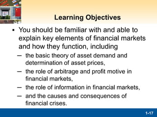Learning Objectives
▪ You should be familiar with and able to
explain key elements of financial markets
and how they function, including
─ the basic theory of asset demand and
determination of asset prices,
─ the role of arbitrage and profit motive in
financial markets,
─ the role of information in financial markets,
─ and the causes and consequences of
financial crises.
1-17
 