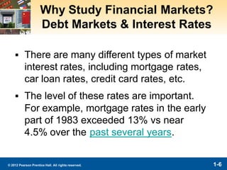 1-6© 2012 Pearson Prentice Hall. All rights reserved.
Why Study Financial Markets?
Debt Markets & Interest Rates
▪ There are many different types of market
interest rates, including mortgage rates,
car loan rates, credit card rates, etc.
▪ The level of these rates are important.
For example, mortgage rates in the early
part of 1983 exceeded 13% vs near
4.5% over the past several years.
 