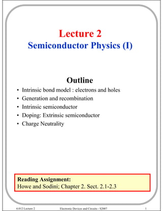 6.012 Lecture 2 Electronic Devices and Circuits - S2007 1
Lecture 2
Semiconductor Physics (I)
Outline
• Intrinsic bond model : electrons and holes
• Generation and recombination
• Intrinsic semiconductor
• Doping: Extrinsic semiconductor
• Charge Neutrality
Reading Assignment:
Howe and Sodini; Chapter 2. Sect. 2.1-2.3
 